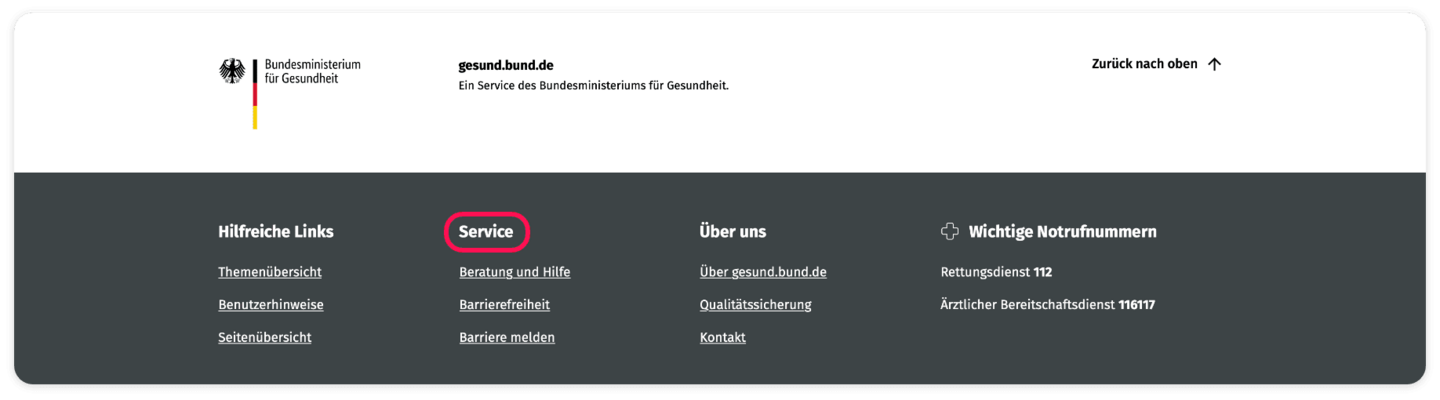 Screenshot Footer Service Screenshot des Footers mit den Bereichen: Hilfreiche Links; Service; Über uns; Wichtige Notrufnummern. Der Bereich "Service" ist rot umrahmt.