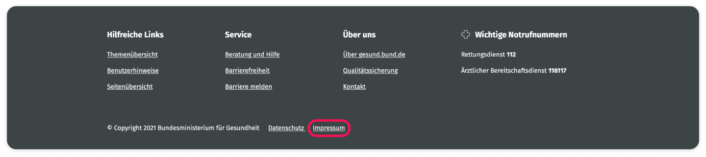 Screenshot Footer Impressum Screenshot des Footers mit dem Bereich "Copyright". Das Feld "Impressum" ist rot umrahmt.