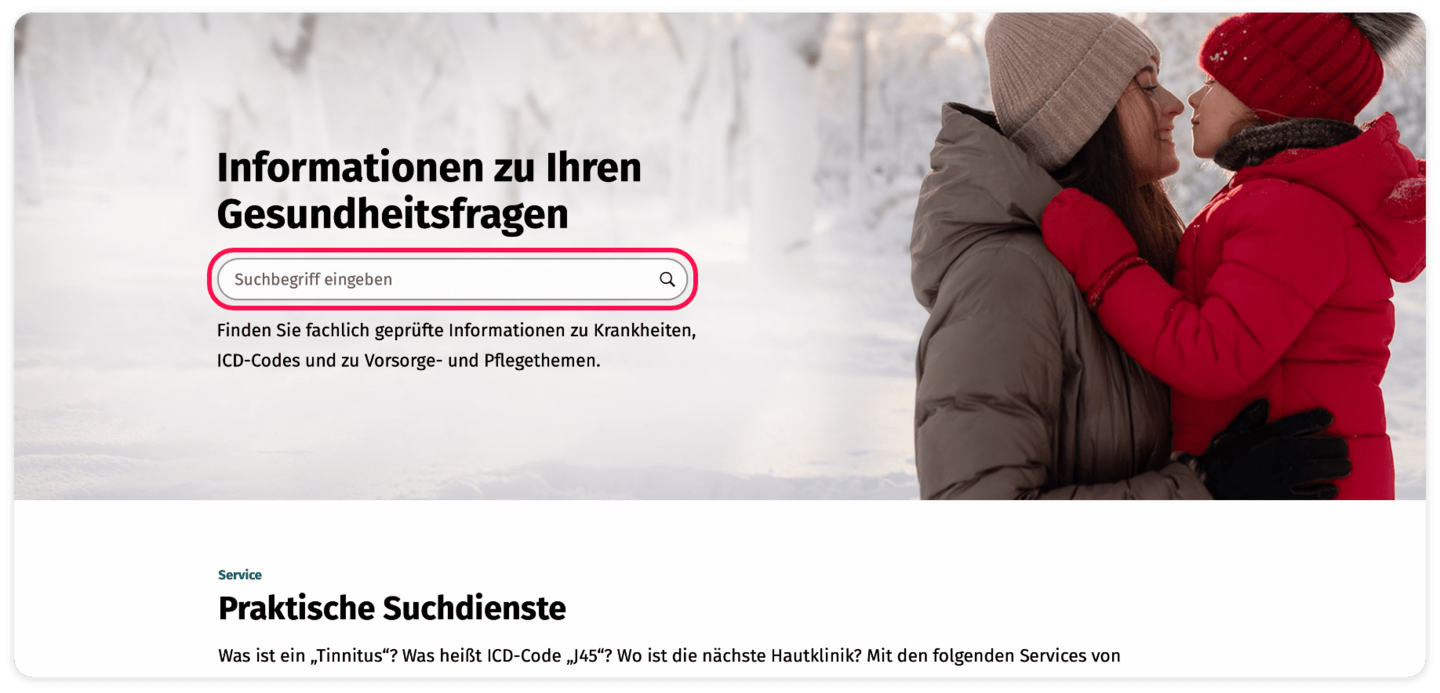 Screenshot Suchfeld im Herobild Ein Screenshot zeigt das Suchfeld im Herobild der Startseite. Das Suchfeld ist rot umrahmt.