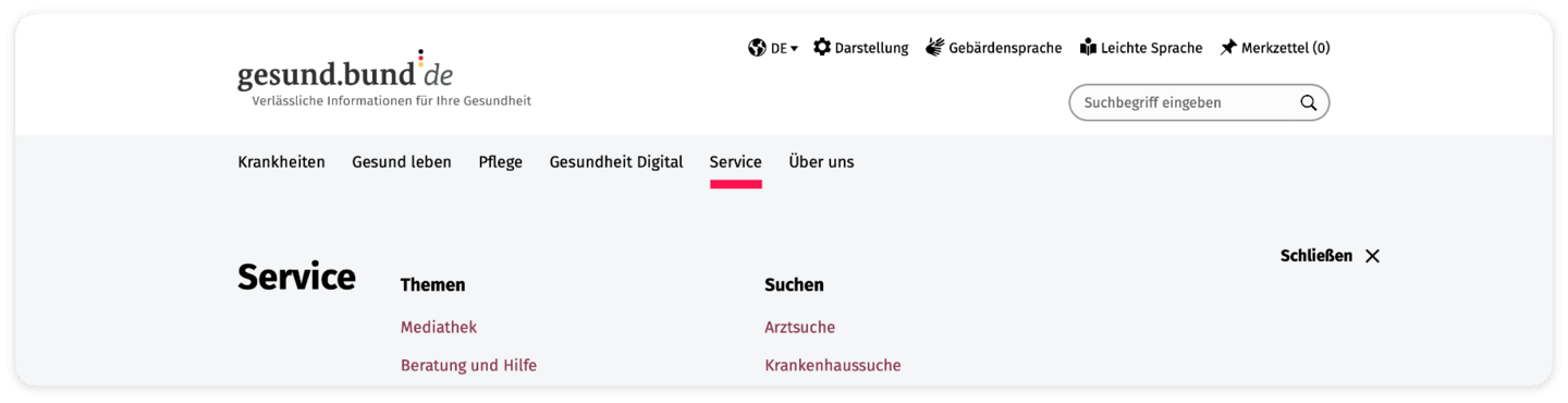 Screenshot Haupt-Navigation Service Screenshot der Hauptnavigation: Krankheiten, Gesund leben, Pflege, Gesundheit Digital, Service und Über uns. Der Bereich Service ist rot unterstrichen.