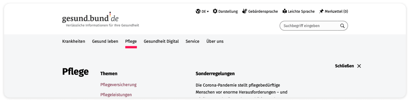 Screenshot Haupt-Navigation Pflege Screenshot der Hauptnavigation: Krankheiten, Gesund leben, Pflege, Gesundheit Digital, Service und Über uns. Der Bereich Pflege ist rot unterstrichen.
