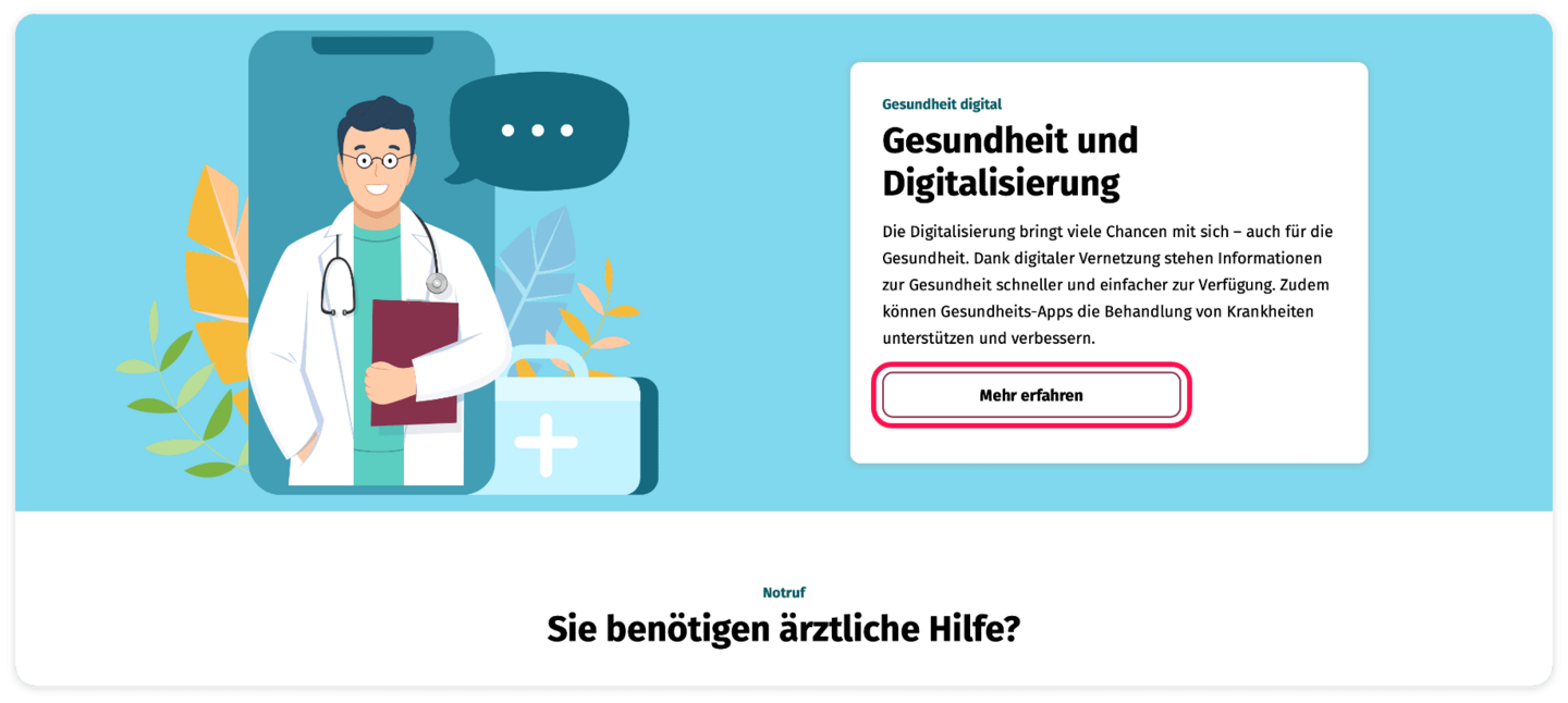 Screenshot Themen-Spezial Gesundheit Digital Screenshot des Themen-Spezials zum Thema Gesundheit und Digitalisierung. Das Feld "Mehr erfahren" ist rot umrahmt.