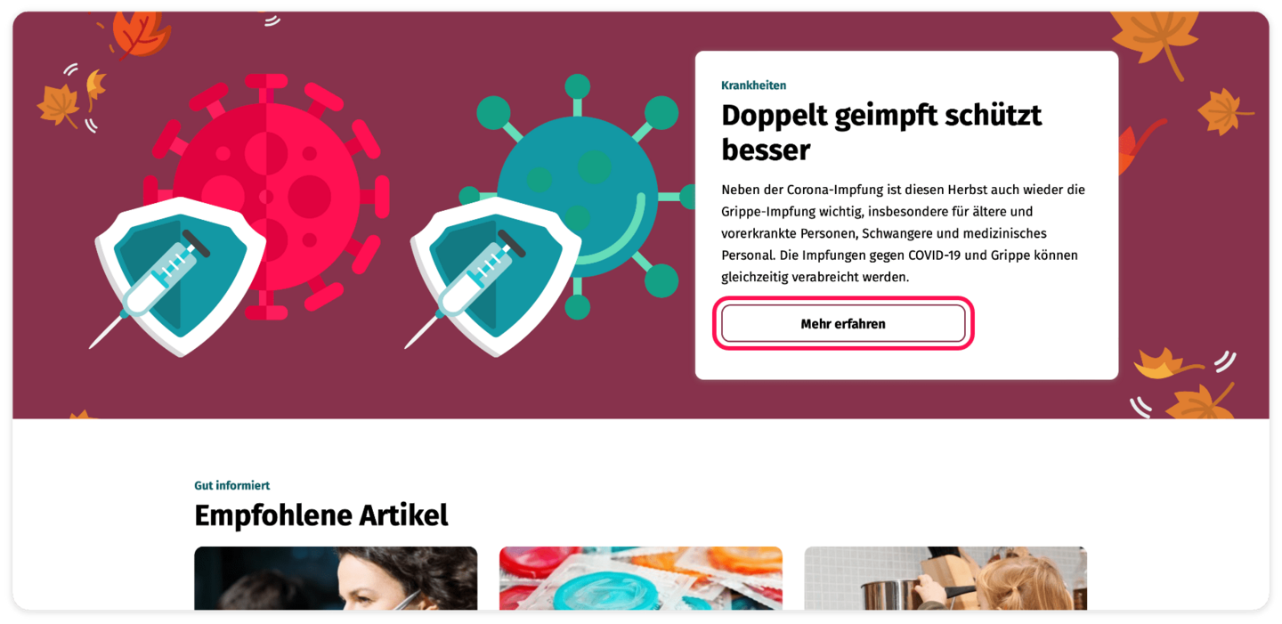 Screenshot Themen-Spezial Impfung Screenshot des Themen-Spezials zum Thema Impfung. Das Feld "Mehr erfahren" ist rot umrahmt.